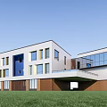 Modern School Building Exterior With White Blue Facade Glass Windows Wooden Elements And Green Lawn