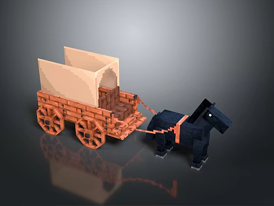 Wooden Wagon with Canvas Top Pulled by Black Horse 3D Model Design 3d model