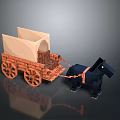 Wooden Wagon with Canvas Top Pulled by Black Horse 3D Model Design 3d model