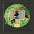 Chicken Perched On Red Barn Roof With Green Grass Path And Stones