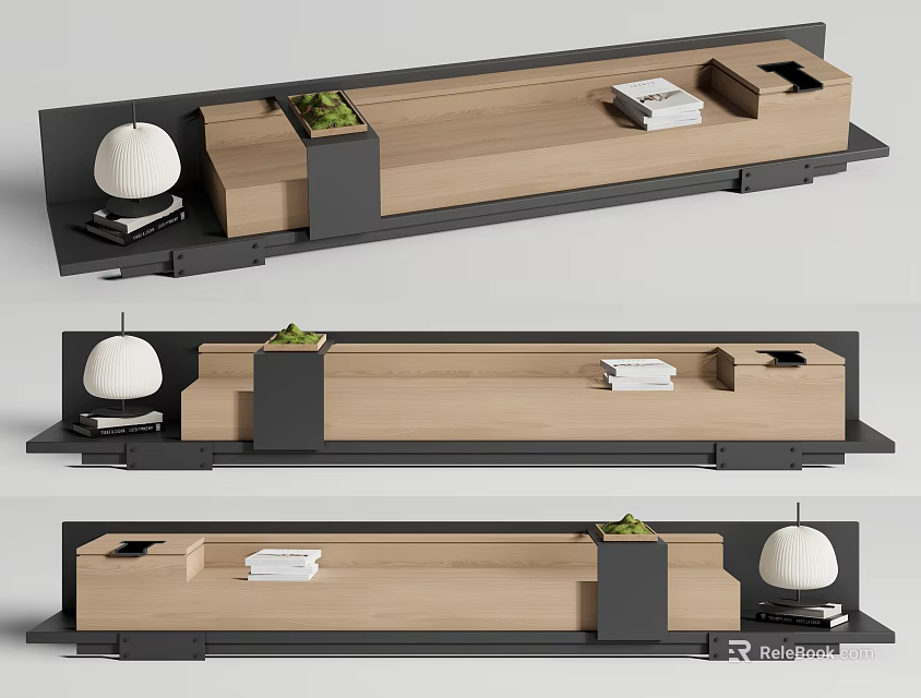 Modern Minimalist Landscape Seat With Wooden Surface Black Frame Green Plants And White Lamp 3d model 
