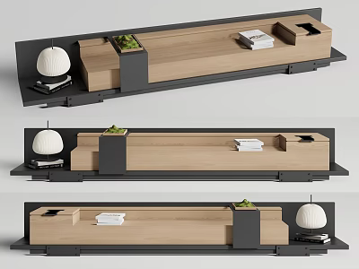 Modern Minimalist Landscape Seat With Wooden Surface Black Frame Green Plants And White Lamp 3d model