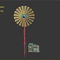 Modern Windmill Structure With Silver Blades Blue Center Red Pole And Base Unit