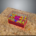 Red Metal Frame Ball Pit Filled With Colorful Plastic Balls On Brick Patterned Floor