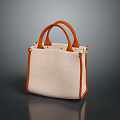 Elegant Beige Handbag With Textured Material And Orange Handles And Sleek Design