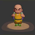 Cartoon Bald Man With Serious Expression In Yellow Top Red Pants Purple Backpack And Halo