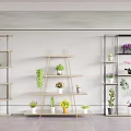 Indoor Garden Decor With Various Potted Green Plants On Wooden And Metal Shelves