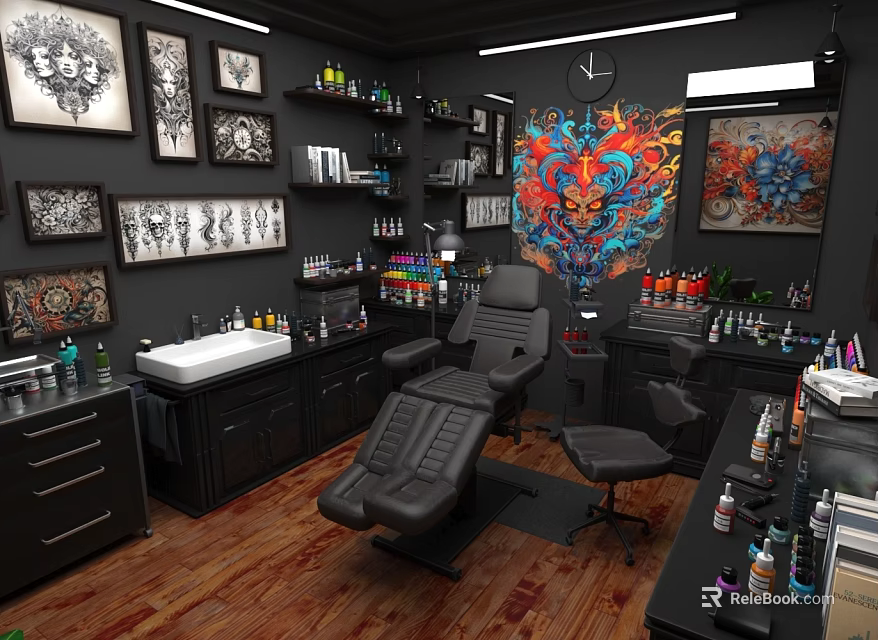 Tattoo Studio Interior With Black Furniture Workstations Tattoo Tools And Artworks On Walls 3d model 