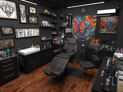 Tattoo Studio Interior With Black Furniture Workstations Tattoo Tools And Artworks On Walls 3d model