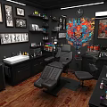 Tattoo Studio Interior With Black Furniture Workstations Tattoo Tools And Artworks On Walls