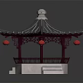 Cartoon Scene of Traditional Chinese Pavilion With Curved Roof Red Lanterns Red Railings White Base