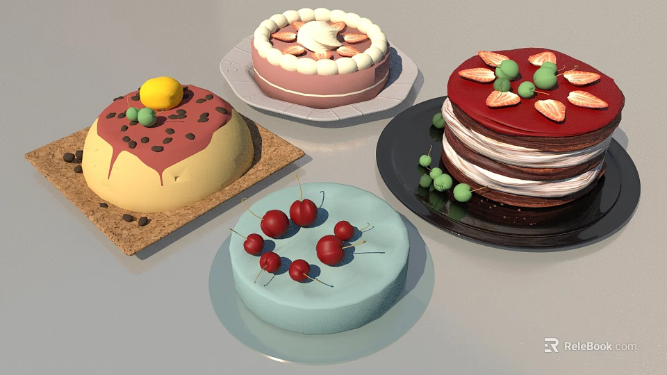 Fresh Colorful Assorted Decorated Cakes With Cherries Strawberries And Chocolate Toppings 3d model 