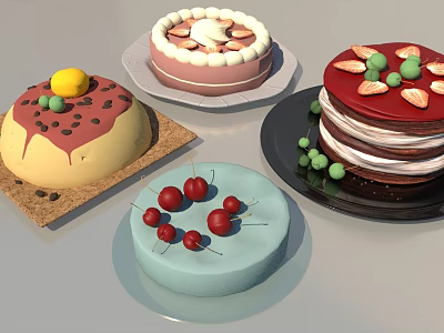 Fresh Colorful Assorted Decorated Cakes With Cherries Strawberries And Chocolate Toppings 3d model