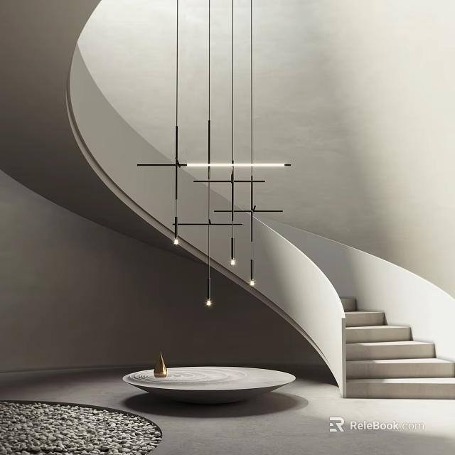 Modern Spiral Staircase With Hanging Pendant Lights Gold Decor And Gray White Tones 3d model 