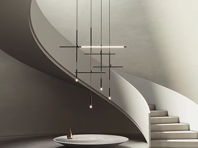 Modern Spiral Staircase With Hanging Pendant Lights Gold Decor And Gray White Tones 3d model