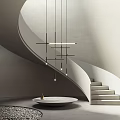 Modern Spiral Staircase With Hanging Pendant Lights Gold Decor And Gray White Tones