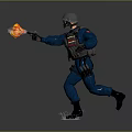 Armored Soldier Wearing Protective Gear Running With Flamethrower Fire And Water Splash