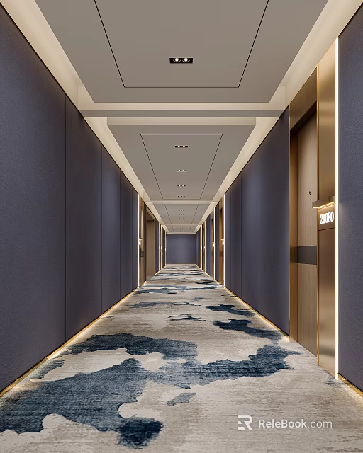 Hotel Corridor Featuring Dark Walls Blue White Patterned Carpet Recessed Lighting Golden Elevator Door Frames 3d model