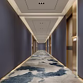 Hotel Corridor Featuring Dark Walls Blue White Patterned Carpet Recessed Lighting Golden Elevator Door Frames