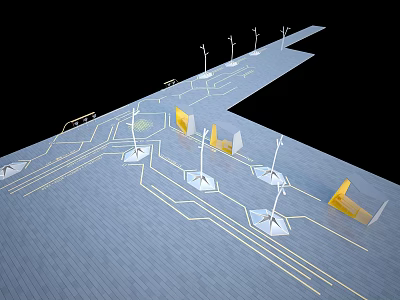 Modern Square Landscape With Gray Ground White Lines Lamp Posts And Yellow Structures 3d model