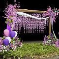 Floral Art Display With Wooden Arch Pink Purple Flowers White Drapes And Balloons
