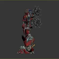 Red And Silver Mechanical Robot With Complex Armor And Weapon Standing Pose