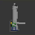 Industrial Processing Equipment With Silver Cylindrical Tower Green Yellow Components And Blue Base
