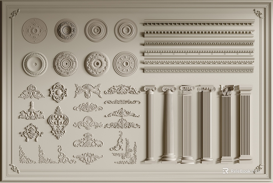 Detailed Carved Decorations With Rosettes Moldings And Columns For Interior Design 3d model 