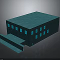 Modern Blue Building With Flat Roof Multiple Windows And Stepped Entrance