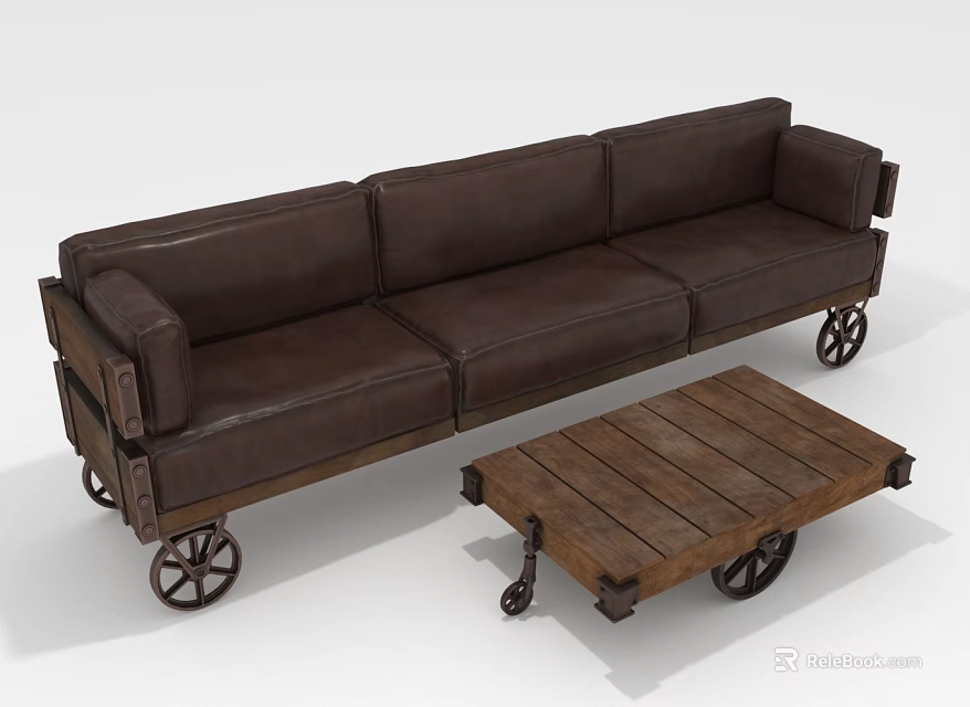 People Sitting on Brown Leather Sofa with Wooden Coffee Table on Wheels 3d model 