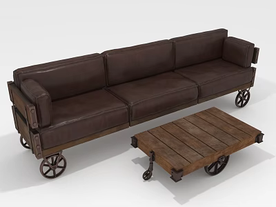 People Sitting on Brown Leather Sofa with Wooden Coffee Table on Wheels 3d model