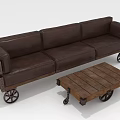 People Sitting on Brown Leather Sofa with Wooden Coffee Table on Wheels