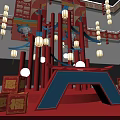 Traditional Chinese New Year Stage Decoration with Red Lanterns Fu Characters and 2023 Elements