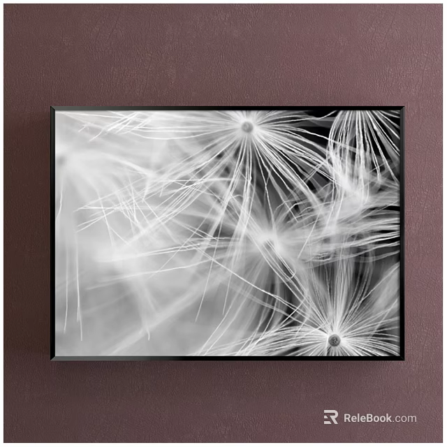 Black and White Dandelion Plant Painting Framed for Interior Wall Decor 3d model 