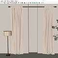 Beige Linen Curtains In Modern Interior With Floor Lamp And Green Plant
