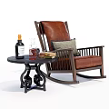 Brown Leather Rocking Chair With Wooden Frame Side Table Drinks And Books