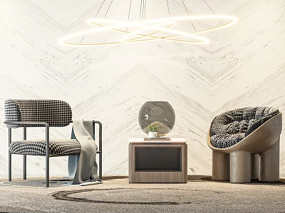 Modern Leisure Chairs With Houndstooth Pattern Tufted Design By Wooden Side Table And Marble Wall 3d model