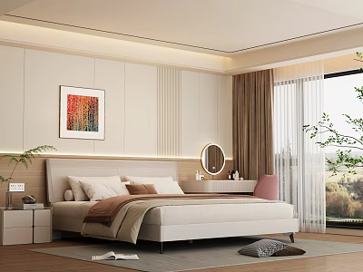 Modern Bedroom Interior With Beige Bed Headboard Colorful Painting Round Mirror And Curtains 3d model