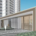 Modern Entrance Gate With Glass Facade Wooden Panels High Rise Buildings Greenery And Paved Ground