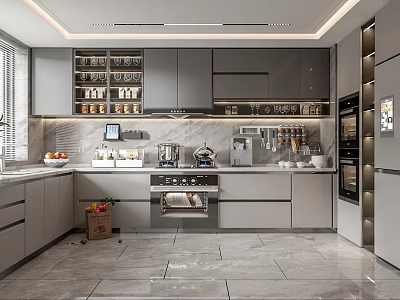 Modern Kitchen Interior With Gray Cabinets Marble Countertops Island And Appliances 3d model