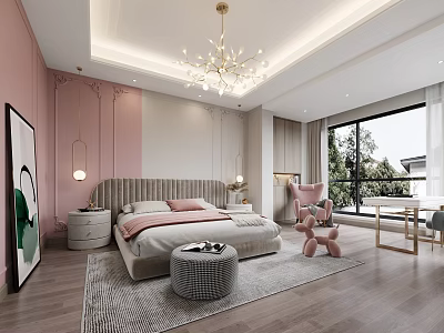Modern Elegant Bedroom Interior With Chandelier Soft Pink Walls Bedside Tables And Cozy Rug 3d model