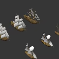 Classic Sailing Ship With White Sails And Wooden Hull On Blue Background