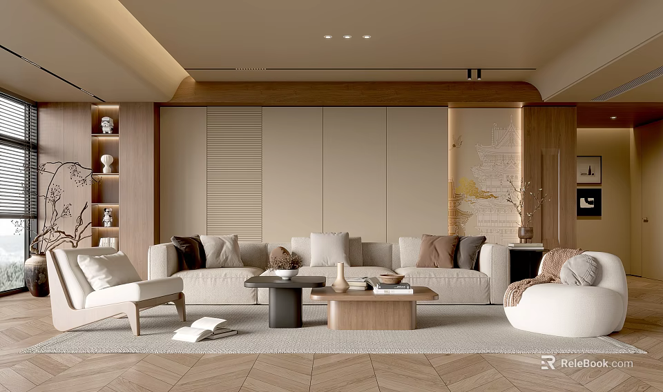 Modern Living Room Interior Design With Light Sofa Wooden Coffee Table And Decorative Carpet 3d model 