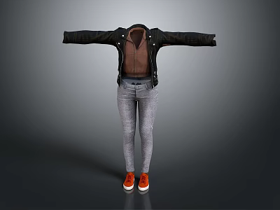 Stylish Black Jacket With Brown Innerwear Gray Jeans And Orange Shoes Outfit 3d model