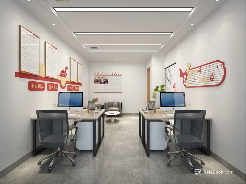 Modern Office Interior With Desks Computers Chairs And Red Wall Art 3d model 