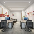 Modern Office Interior With Desks Computers Chairs And Red Wall Art 3d model