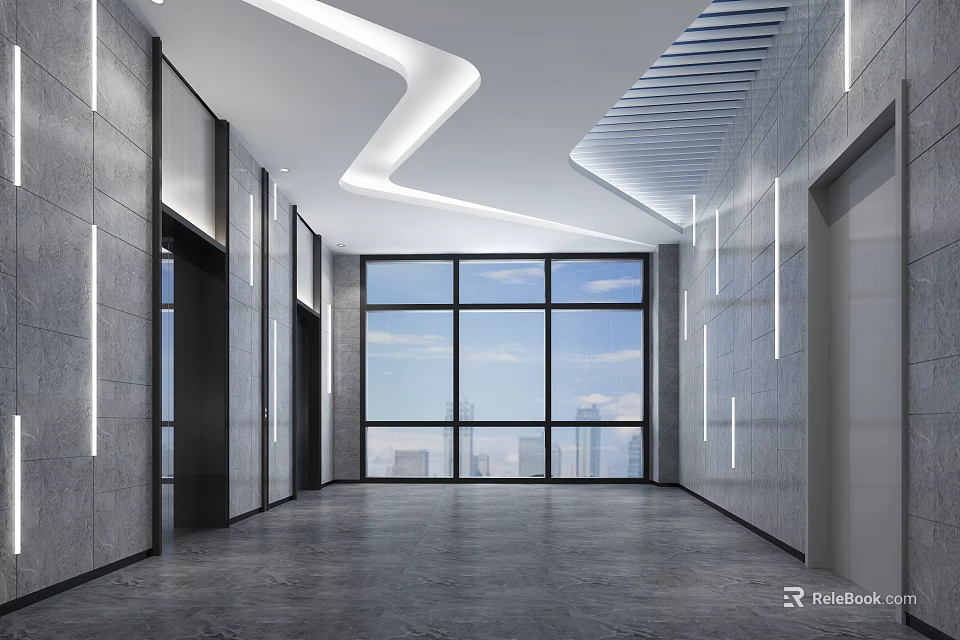Modern Elevator Lobby With Gray Stone Walls Strip Lights And City View Windows 3d model 