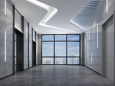 Modern Elevator Lobby With Gray Stone Walls Strip Lights And City View Windows 3d model