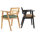 Stylish Modern Accent Chair With Dark Wooden Frame Rattan Backrest And Beige Fabric Seat