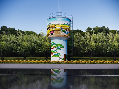 Painted Water Tower With Scenery Figures Surrounded By Green Trees And Water Reflection 3d model